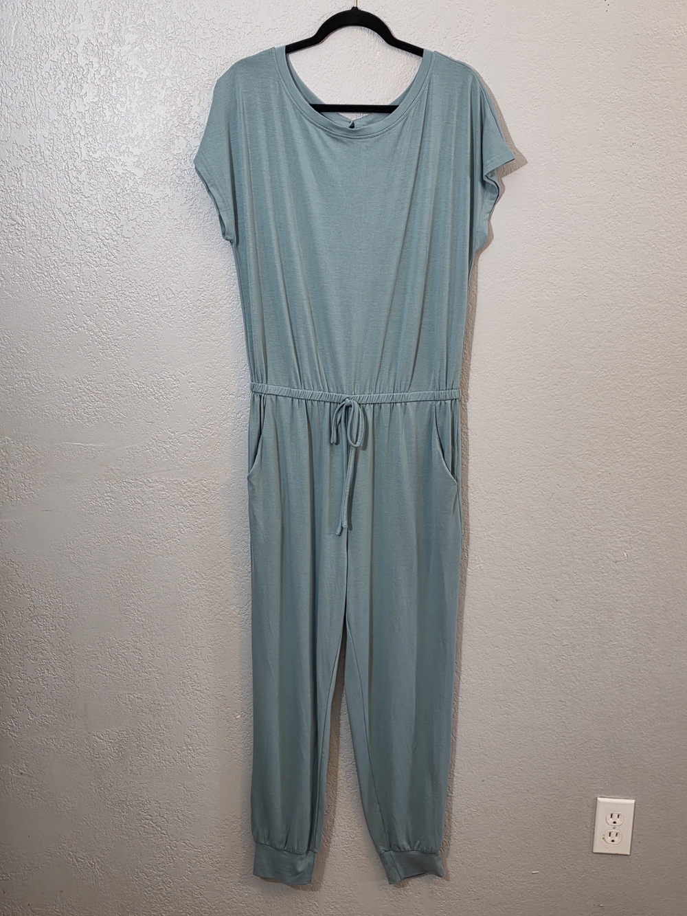 Pretty Garden Light Teal Short Sleeve Jumpsuit Drawstring Womens Large Jogger